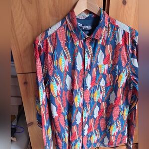 Desigual Men's Atwood Blue & Red Feather Print Cotton Shirt Size Medium